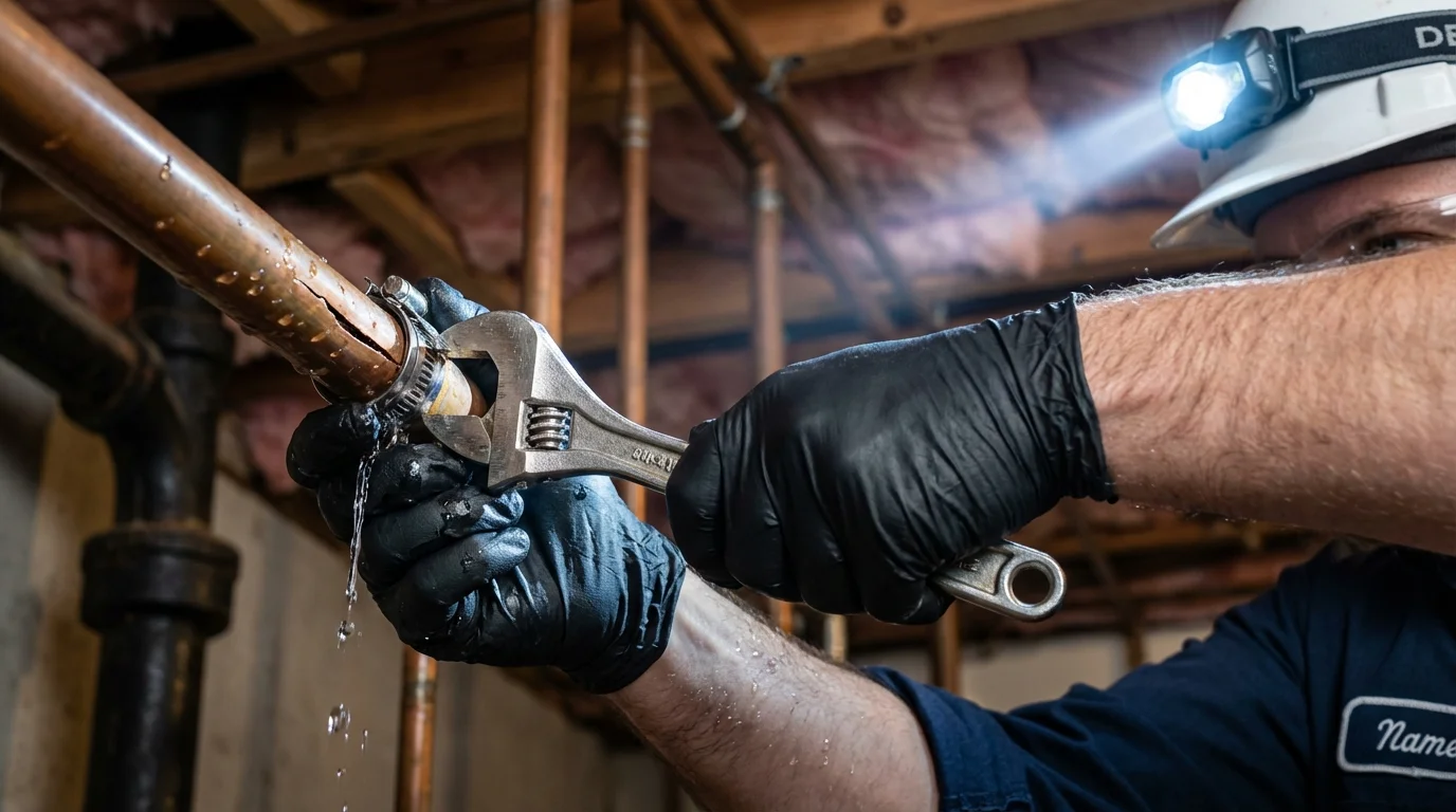 Emergency pipe clamp repair being performed by a Johns Plumbing LLC plumber in Olathe