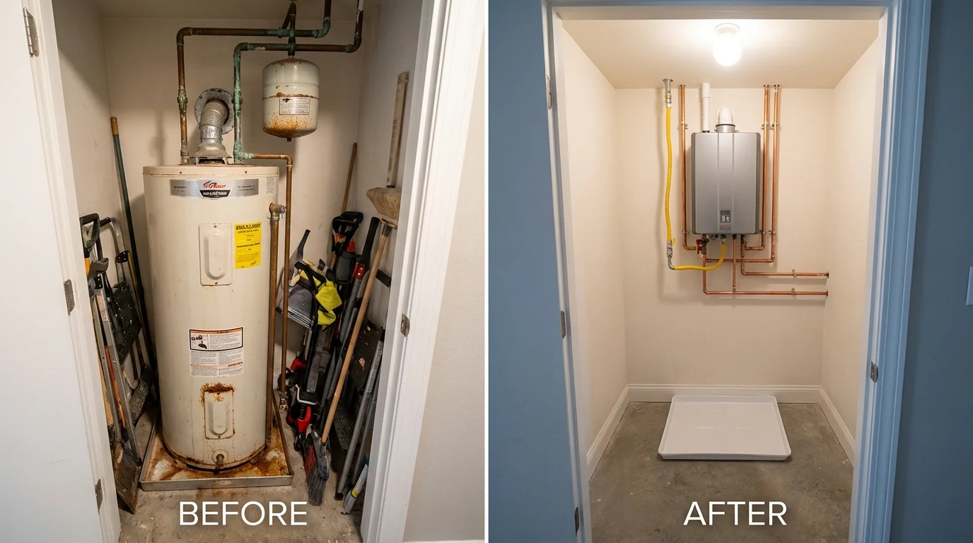Tank water heater versus wall-mounted tankless unit comparison for Olathe, KS homeowners