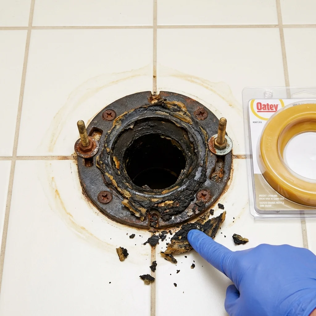 Failed wax ring showing water seepage at the base of a toilet in a Olathe, KS home