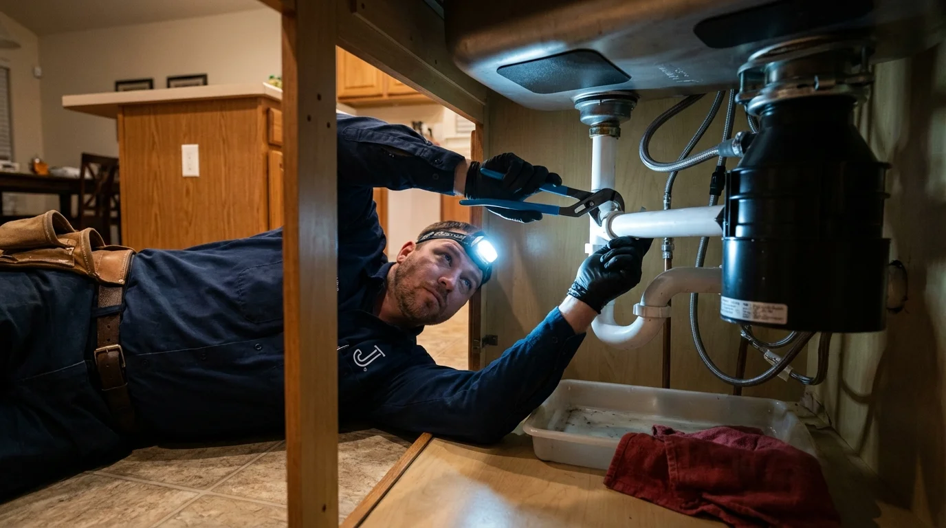 P-trap and supply line connections under a kitchen sink showing a common leak point in Olathe, KS